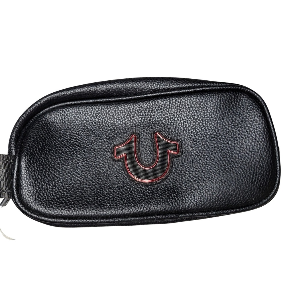 True Religion Mens Toiletry Bag Black Pebbled Faux Leather Dopp Kit Red Zipper
